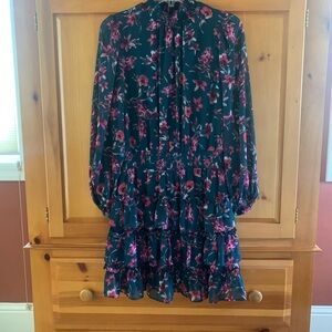 MSK Teal Floral Tiered Long Sleeve Dress with Pink Accents